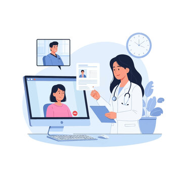 Vector illustration of a female doctor in a white coat conducting a telemedicine video call with a patient on a computer screen while reviewing records with a male colleague.