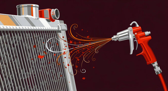 Air blow gun blowing dust and debris out of an automotive radiator. The illustration shows a red pneumatic tool performing maintenance. Automotive repair concept for mechanic shop marketing.