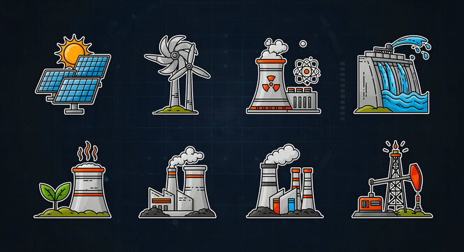 Energy production icons representing renewable and non-renewable power sources. Illustrated set includes solar, wind, nuclear, hydro, and oil. Industrial power concept for utility marketing.