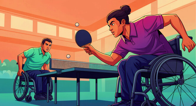 Two athletes in wheelchairs competing in a table tennis match. Players focus intently on hitting the ball in a vibrant illustration. Adaptive sports concept, ideal for inclusion and diversity ads.