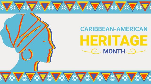 Animated background celebrating Caribbean America Heritage Month. it Features silhoutte of woman with dynamic motion of caribbean icons and symbols
