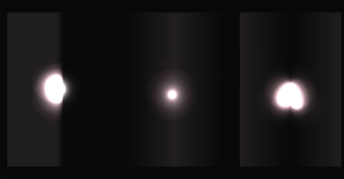 Three abstract panels showcasing small luminous focal points and specialized light shapes on dark gradient backgrounds
