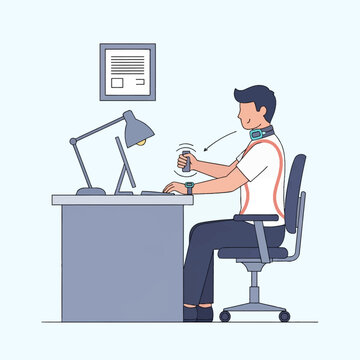 Illustration of a male office worker at a desk using a wearable posture correction device and smart sensors to maintain healthy spinal alignment while working on a computer.