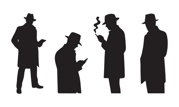 Mysterious Spy Silhouette Collection Featuring Men in Trench Coats and Fedora Hats Using Smartphones and Tablets for Noir Detective Illustration Concepts
