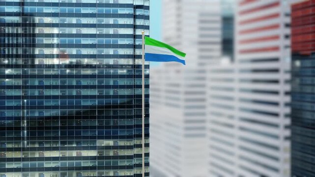 Sierra Leone Flag 3D Render Animation on Pole with Modern City Buildings - Shallow Depth of Field, Daytime View