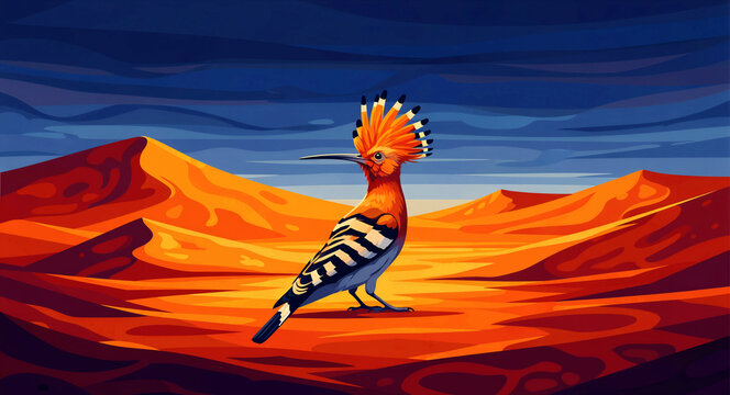 Vibrant hoopoe bird standing on orange desert sand dunes. Digital illustration with a striking crest and striped wings. Nature art concept ideal for travel and educational design.