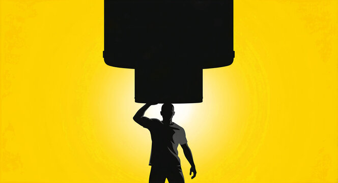 Silhouette of a man lifting a massive heavy object against a bright yellow background. Graphic illustration depicting power and determination. Ideal for motivational and business success themes.