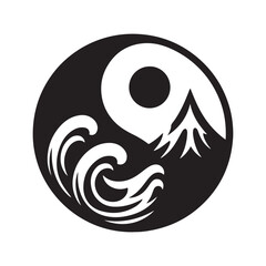 Naklejka premium yin-yang shaped by ocean and mountain vector silhouette clip art logo design illustration