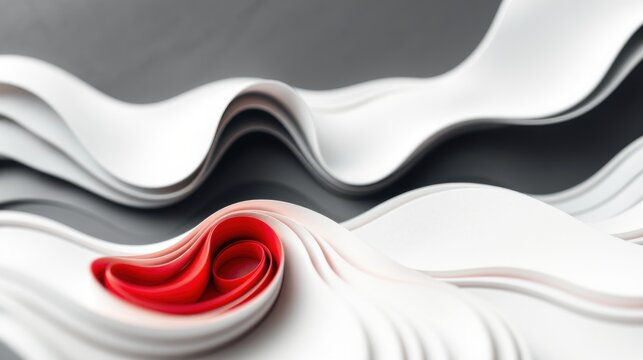 Abstract flowing ribbons, red accent amidst white, gray tones. Smooth curves create dynamic visual texture. Minimalist composition.
