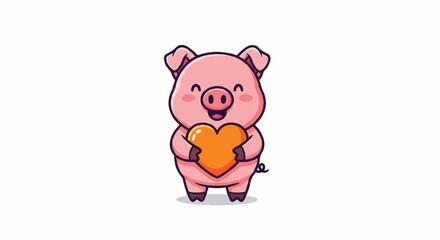 Fototapeta premium Cute cartoon pig holding a big love heart with a happy smile.