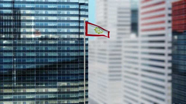 Sikkim Flag 3D Render Animation on Pole with Modern City Buildings - Shallow Depth of Field, Daytime View