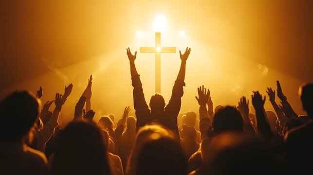 Spiritual celebration with hands raised towards cross high resolution picture