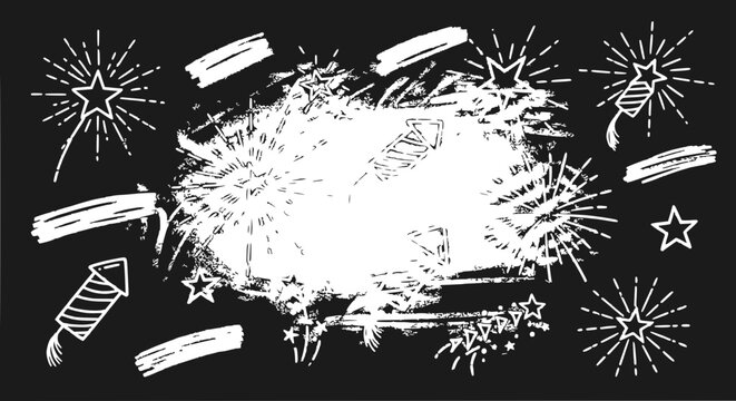 Celebration Fireworks and Sparklers on Black Background, Hand Drawn Style