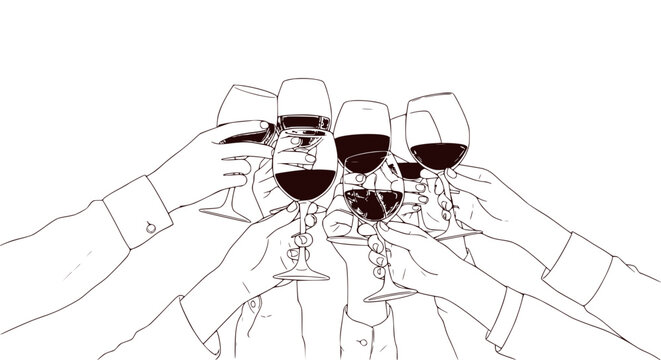 Celebration Toast with Red Wine Glasses, Group of Hands Clinking Glasses