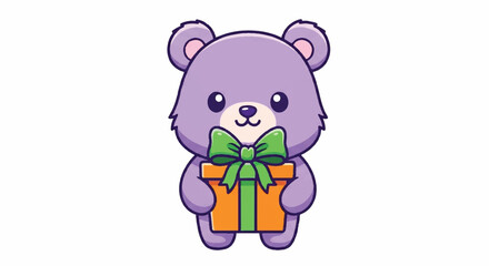 Fototapeta premium Cute purple teddy bear holding a gift box cartoon illustration.