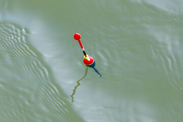Single red fishing float floats gently on quiet, greenish water © schankz