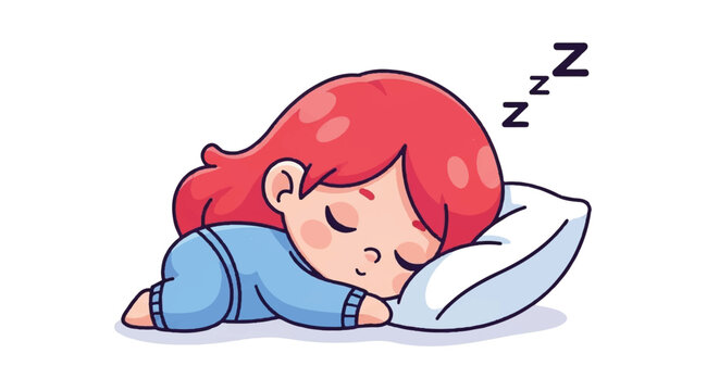 Cute little girl with red hair sleeping peacefully on a pillow cartoon.