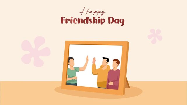 Friends sharing memories in photo frame. Friendship day concept. Full length Icon animation illustration. High quality&nbsp;4k&nbsp;footage