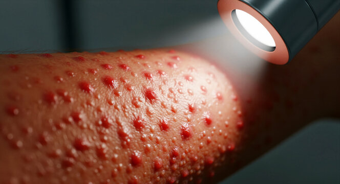 Close up of a severe red skin rash examined with medical light. Inflamed bumps on human arm showing infection or allergy symptoms. Dermatology concept for healthcare articles and medical guides.