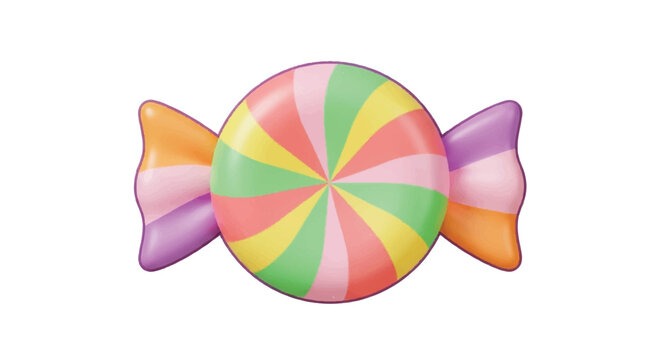 A colorful round wrapped hard candy with a swirl pattern isolated on a white background.