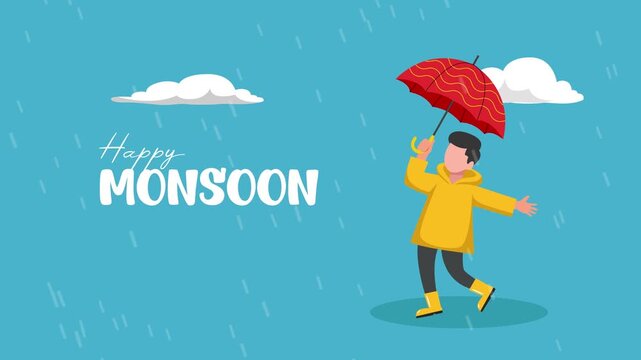 Person walking happily under rain umbrella. Monsoon day concept. Full length Icon animation illustration. High quality&nbsp;4k&nbsp;footage
