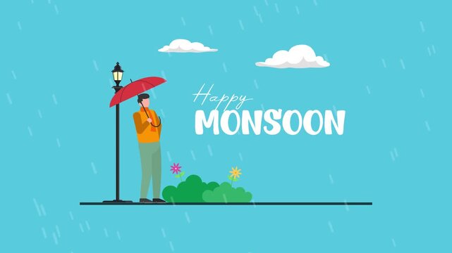 Woman standing with umbrella in rain. Monsoon day concept. Full length Icon animation illustration. High quality&nbsp;4k&nbsp;footage