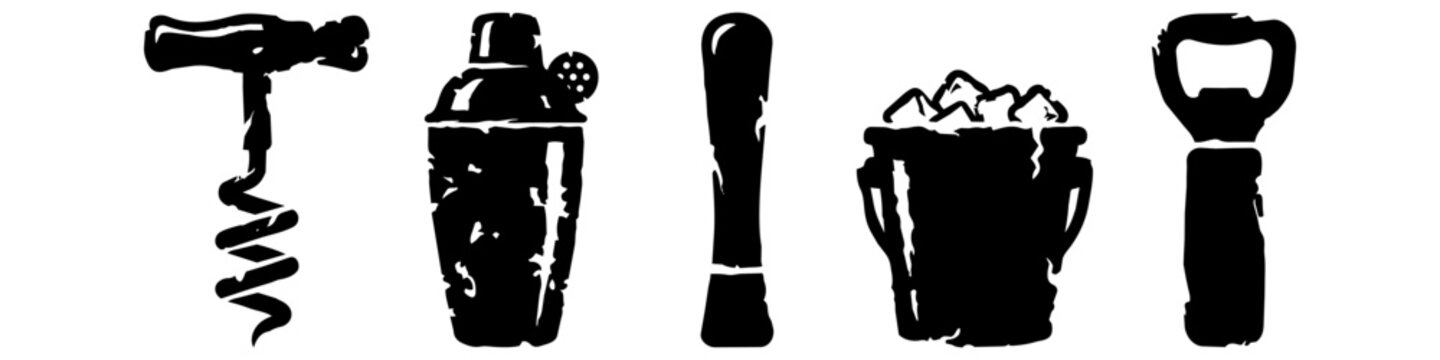 Rustic Mixology Icon Set: Black Silhouettes of Cocktail Shaker, Bottle Opener, Corkscrew, Muddler, and Ice Bucket in Distressed Vintage Style