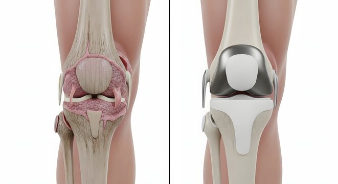 Knee osteoarthritis vs total knee replacement comparison showing damaged joint and artificial implant