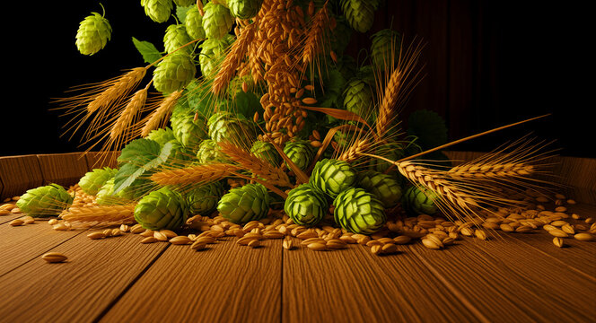 Fresh hop cones and golden barley ears on a rustic wooden surface. Raw beer brewing ingredients in a dynamic still life. Craft brewery harvest concept for organic beverage marketing.