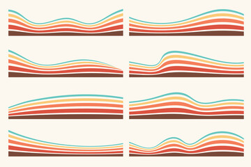 Wavy divider vector shapes. Curved borders and headers with rainbow striped texture for website page design. Separator bottom, simple modern horizontal footer collection