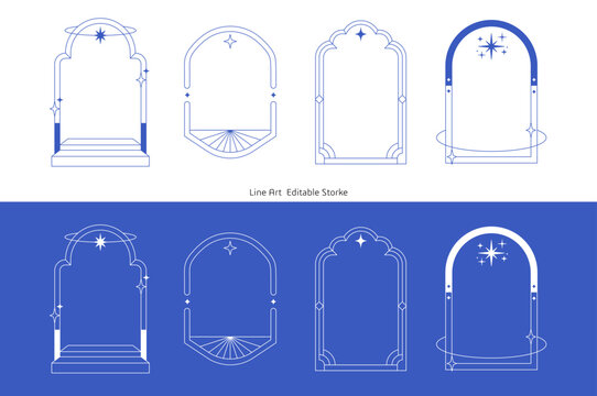 Minimal Magic Arch Frame Line Art Set, Editable Stroke Geometric Window Frames with Star Elements, Modern Boho Portal Outline Collection