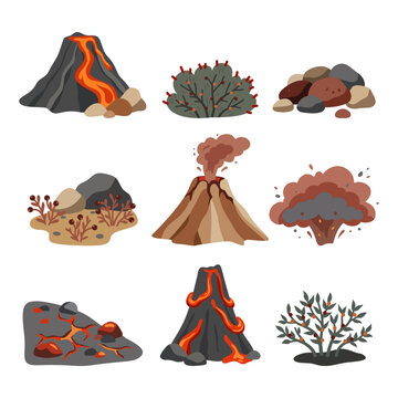 Volcanic eruption elements featuring active volcano, lava, smoke, and rocks flat illustration.