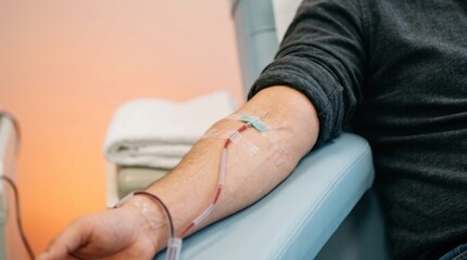 Obraz premium Volunteer Donating Blood in Medical Clinic Setting