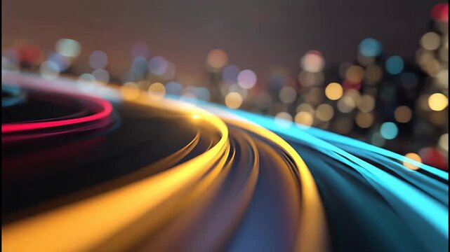 Abstract light trails curve dynamically against a blurred cityscape background, creating a sense of speed and modern technology.