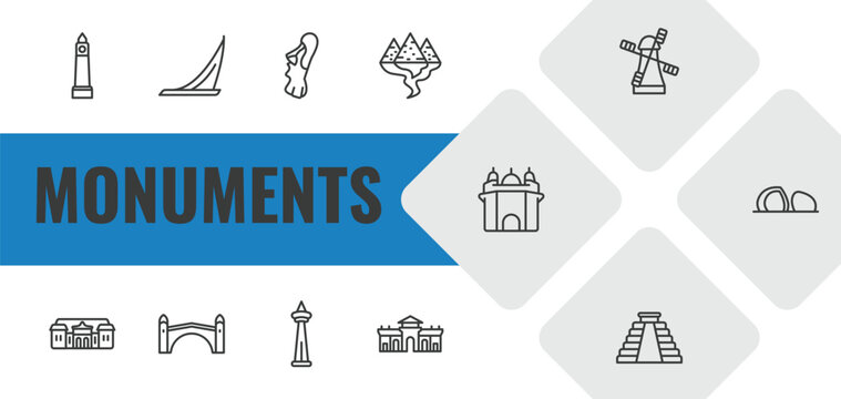 monuments outline icon set. linear vector for ui, web and mobile. thin line clock tower, moscow, easter island icons.