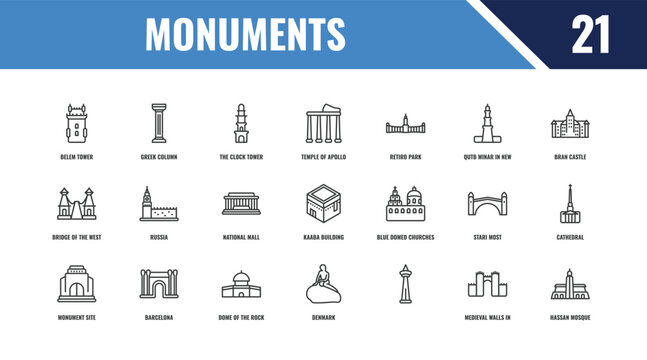 monuments outline icon set. linear vector for ui, web and mobile. thin line greek column, bran castle, blue domed churches icons.