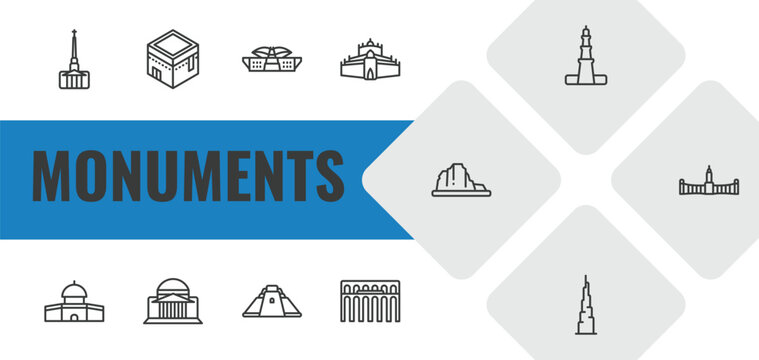 monuments outline icon set. linear vector for ui, web and mobile. thin line cathedral, kaaba building, dpr/mpr building icons.