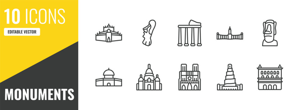 monuments outline icon set. 10 linear vector for ui, web and mobile. thin line thatbyinnyu temple, easter island, temple of apollo icons.