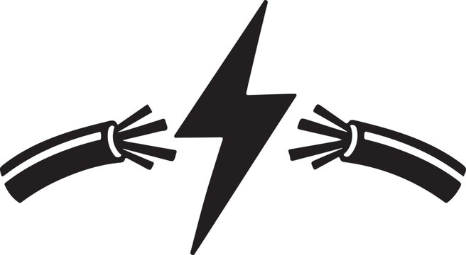Black lightning bolt symbol between two frayed electrical wires representing danger or power outage isolated on white background
