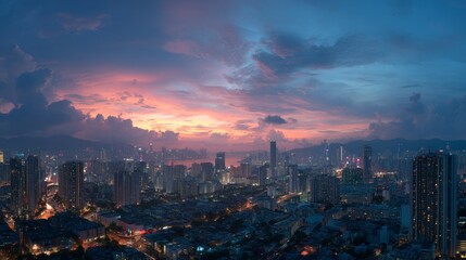 Fototapeta premium Panoramic cityscape at dusk with vibrant sunset sky