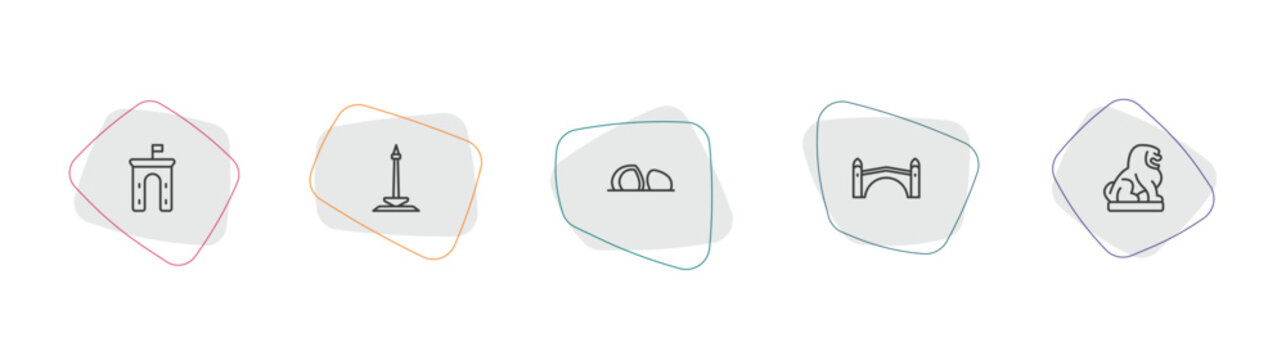 monuments outline icon set. linear vector for ui, web and mobile. thin line ejer baunehoj, national monument monas, al shaheed monument icons.