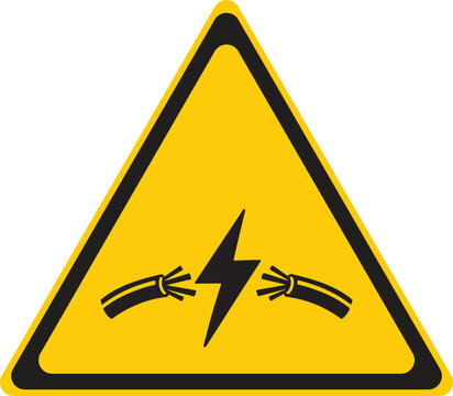 Yellow triangular warning sign for high voltage electricity with a lightning bolt symbol and exposed wires isolated on white background