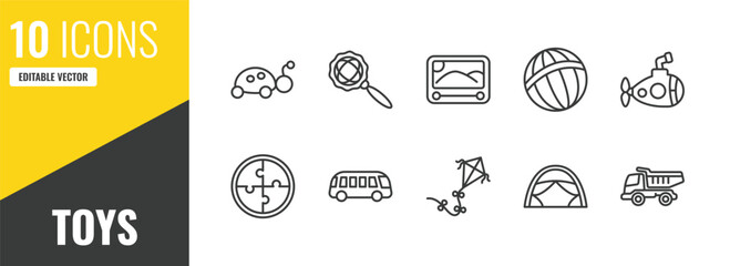 toys outline icon set. 10 linear vector for ui, web and mobile. thin line ladybug toy, rattle toy, etch a sketch toy icons. © Farahim