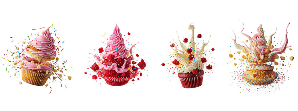 Four delicious cupcakes with exploding frosting and sprinkles on black