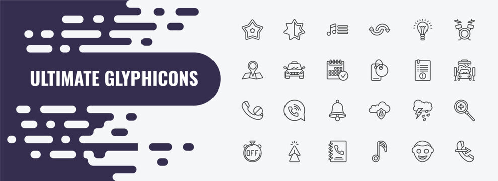 ultimate glyphicons outline icon set. linear vector for ui, web and mobile. thin line empty star, music menu, light bulb on icons.