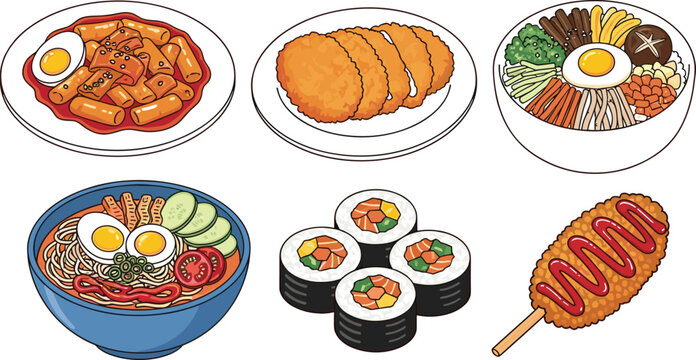 Assorted Korean Food Illustration Set Featuring Popular Dishes Like Tteokbokki Bibimbap Ramen Gimbap and Korean Corn Dog for Restaurant Menu and Asian Cuisine Graphic Design