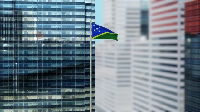 Solomon Islands Flag 3D Render Animation on Pole with Modern City Buildings - Shallow Depth of Field, Daytime View