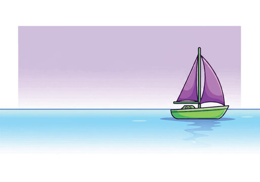 A lone sailboat with vibrant purple sails on a serene sea.