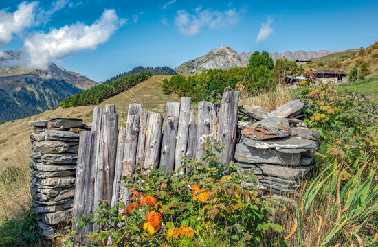 closeup on old planks set vertically forming a fence of  alpine garden between stone pilled in mountain countryside under blue sky