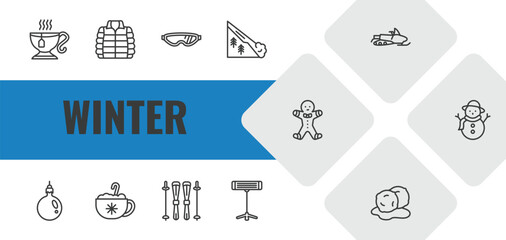 winter outline icon set. linear vector for ui, web and mobile. thin line hot tea, anorak vest, safety glasses icons. © Farahim